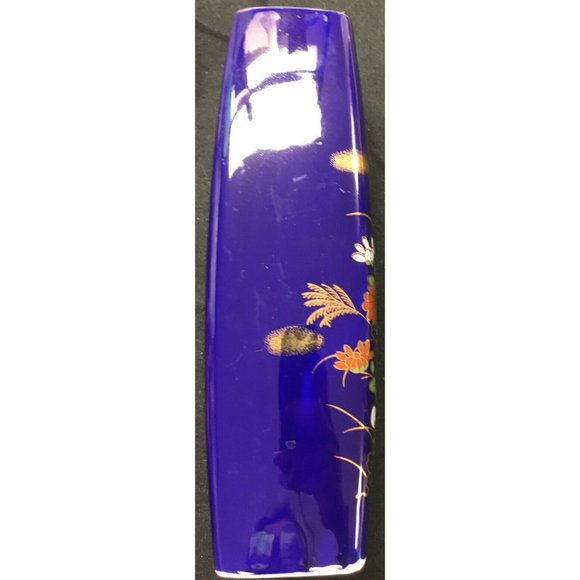 9½" Blue Vase with Gold White Blue and Orange Flowers - Picture 4 of 6